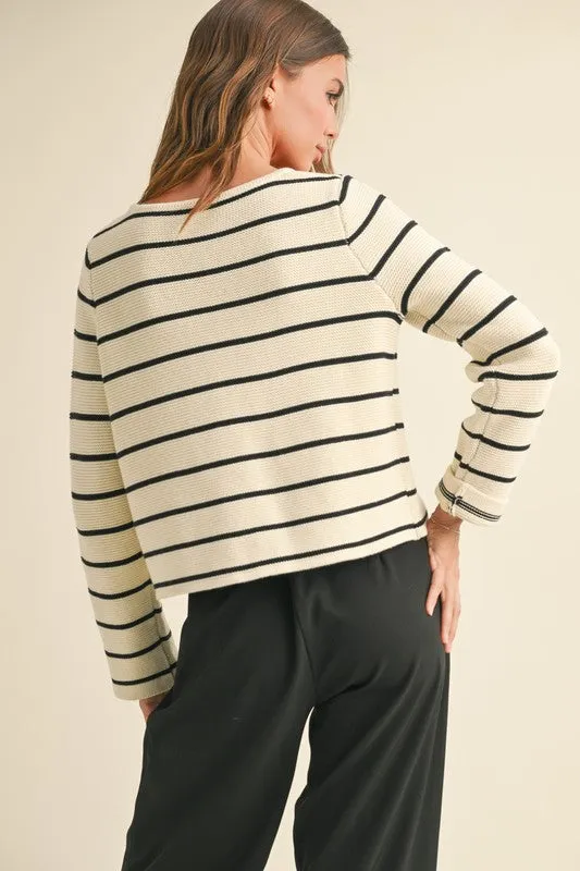 Waitlist 2/5 ♥ Brisa Long Sleeve Bow Tie Stripe Print Cardigan Sweater White