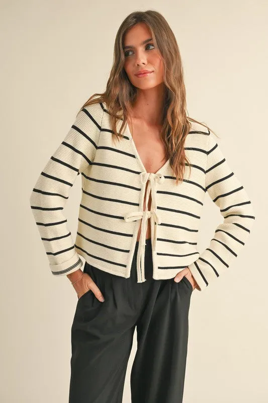 Waitlist 2/5 ♥ Brisa Long Sleeve Bow Tie Stripe Print Cardigan Sweater White