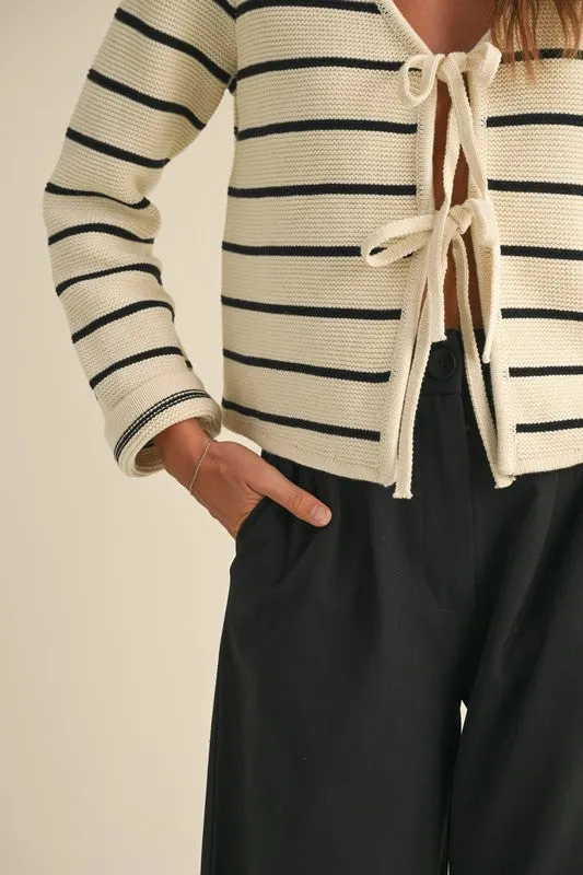 Waitlist 2/5 ♥ Brisa Long Sleeve Bow Tie Stripe Print Cardigan Sweater White