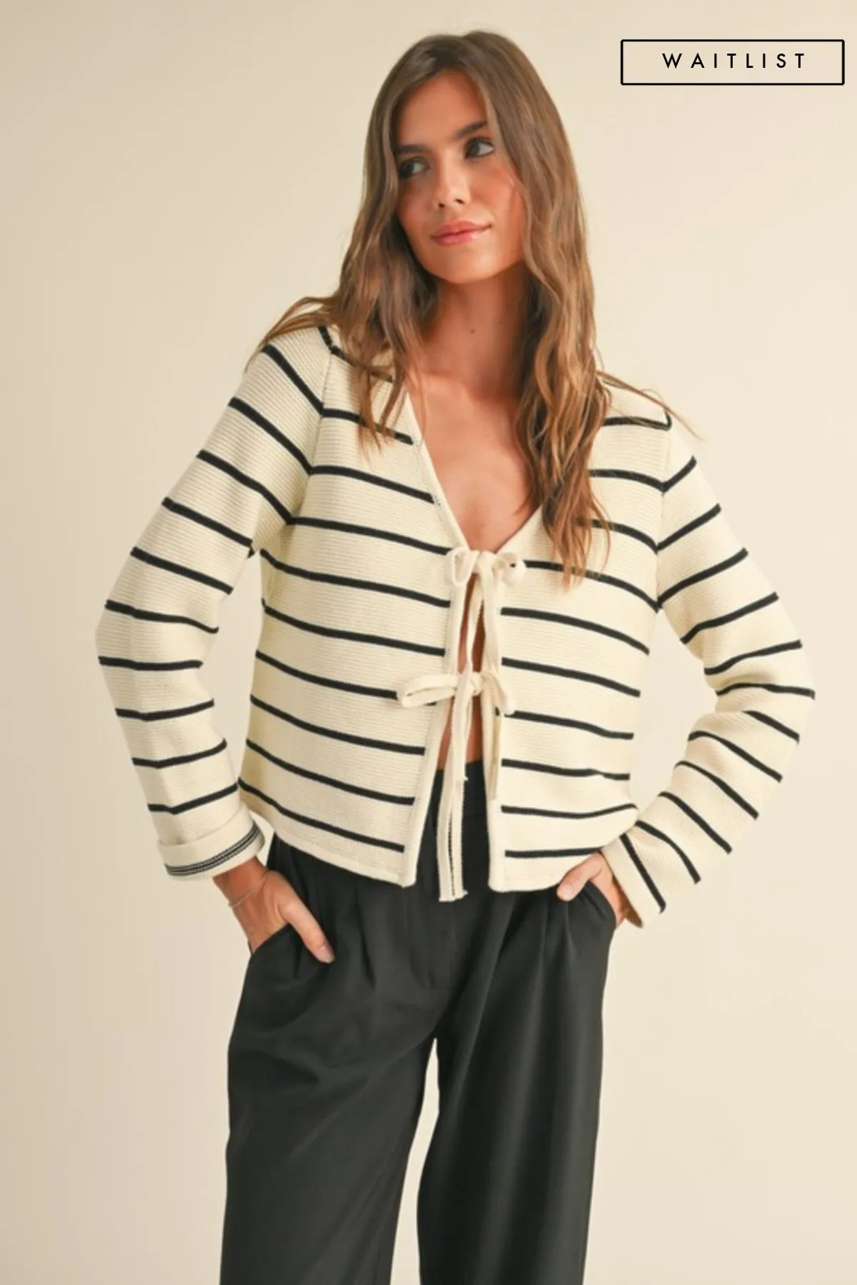 Waitlist 2/5 ♥ Brisa Long Sleeve Bow Tie Stripe Print Cardigan Sweater White