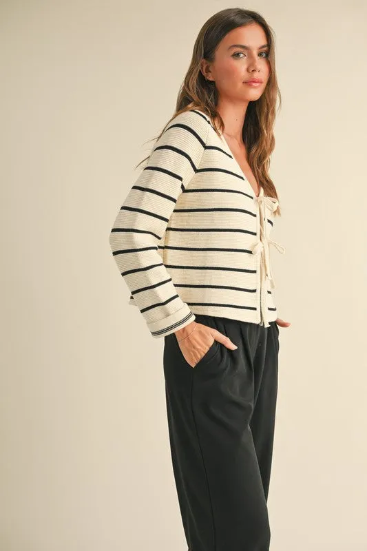 Waitlist 2/5 ♥ Brisa Long Sleeve Bow Tie Stripe Print Cardigan Sweater White