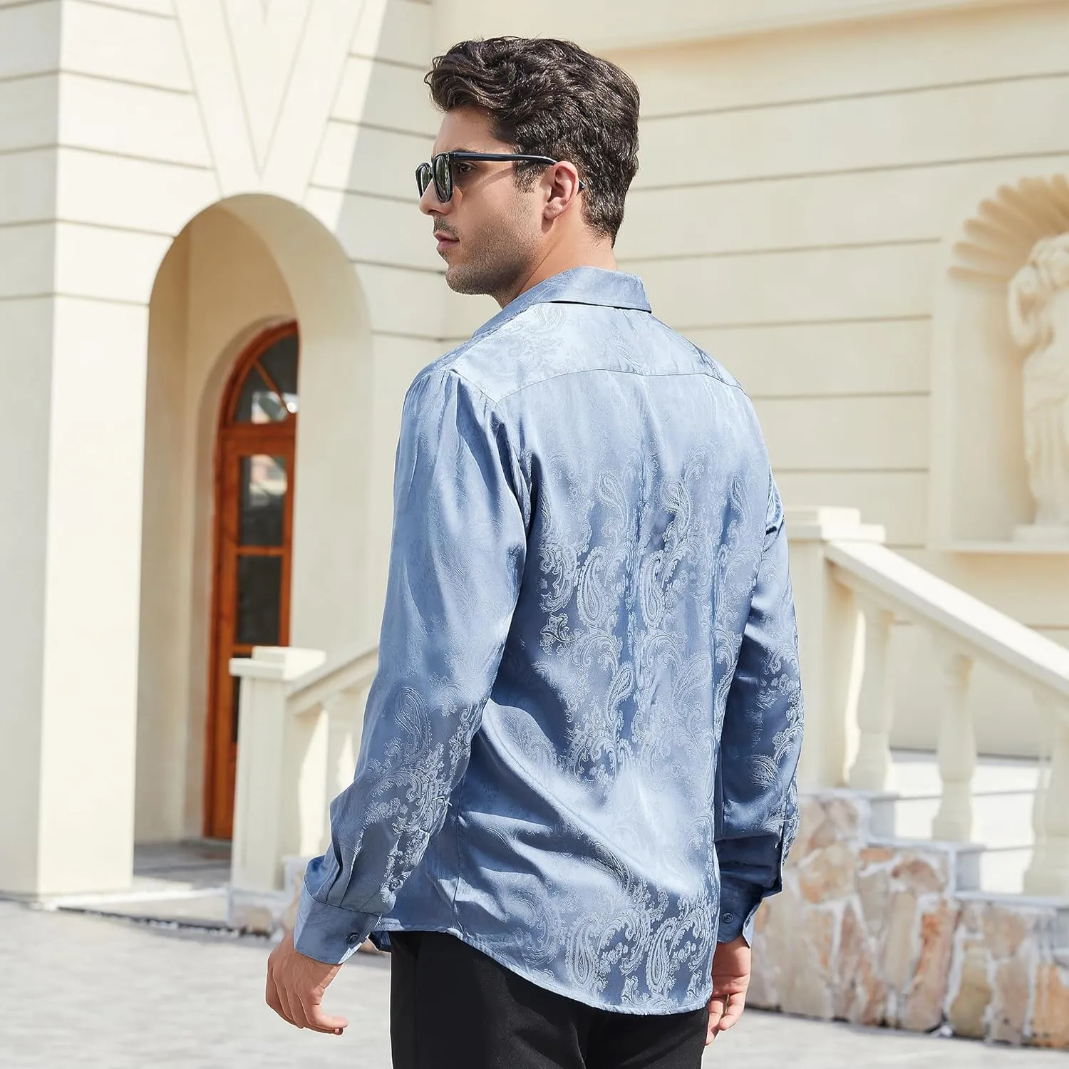 WARHORSEE Mens Silk Satin Dress Shirts Shiny Long Sleeve Button Down Shirt Party Prom Wedding Shirt