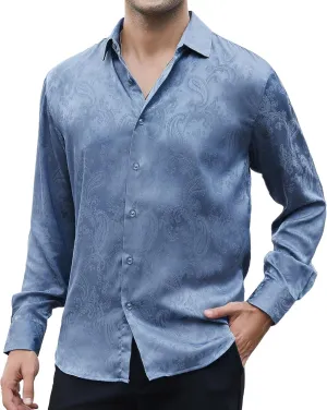 WARHORSEE Mens Silk Satin Dress Shirts Shiny Long Sleeve Button Down Shirt Party Prom Wedding Shirt