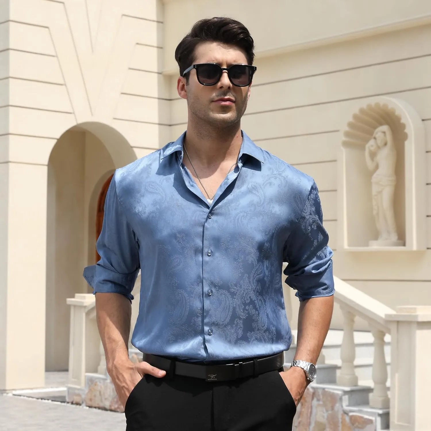WARHORSEE Mens Silk Satin Dress Shirts Shiny Long Sleeve Button Down Shirt Party Prom Wedding Shirt