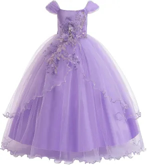 Weileenice Vintage Off The Shoulder Flower Girl Dress Lace Embroidery Little/Big Girls Wedding Bridesmaid Holiday Ballgown