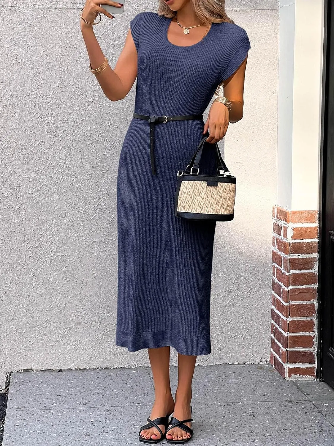 Wenrine Womens Ribbed Knit Maxi Dress Casual Short Sleeve Loose Fit Summer Long Dress