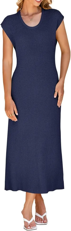 Wenrine Womens Ribbed Knit Maxi Dress Casual Short Sleeve Loose Fit Summer Long Dress
