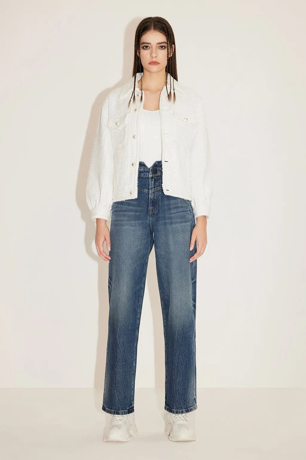 White Polo Collar Denim Jacket