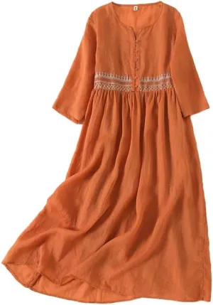 Women Boho V Neck Cotton Linen Maxi Dress Summer Casual Embroidered Button Half Sleeve Flowy Beach Dress with Pocket