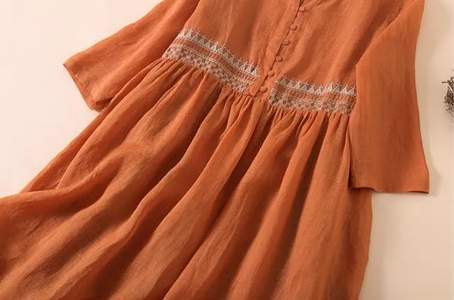 Women Boho V Neck Cotton Linen Maxi Dress Summer Casual Embroidered Button Half Sleeve Flowy Beach Dress with Pocket