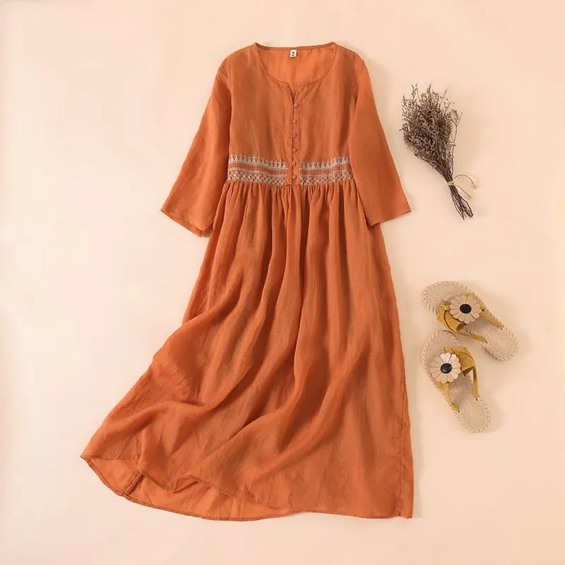 Women Boho V Neck Cotton Linen Maxi Dress Summer Casual Embroidered Button Half Sleeve Flowy Beach Dress with Pocket