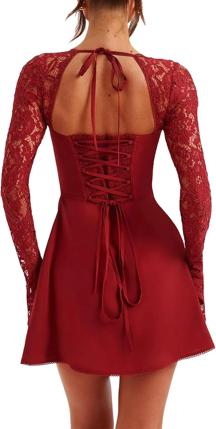 Women Elegant Lace Mini Dress Low Cut Back Tie Lace Patchwork Long Sleeve Dress Cocktail Party Clubwear
