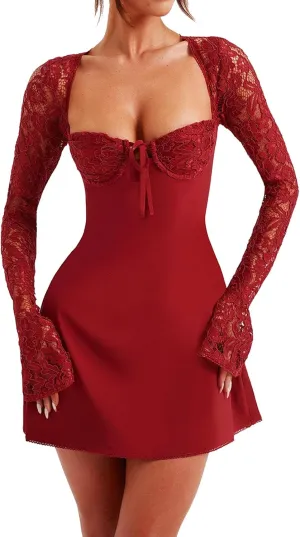 Women Elegant Lace Mini Dress Low Cut Back Tie Lace Patchwork Long Sleeve Dress Cocktail Party Clubwear