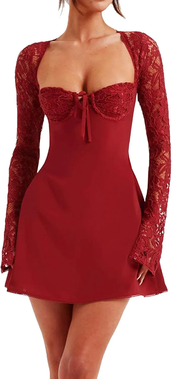 Women Elegant Lace Mini Dress Low Cut Back Tie Lace Patchwork Long Sleeve Dress Cocktail Party Clubwear