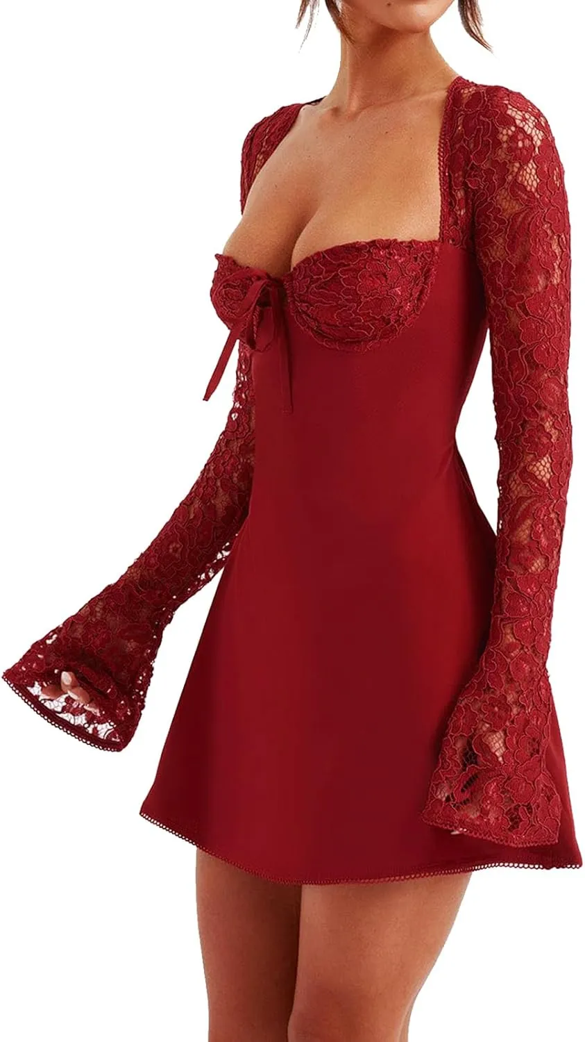 Women Elegant Lace Mini Dress Low Cut Back Tie Lace Patchwork Long Sleeve Dress Cocktail Party Clubwear