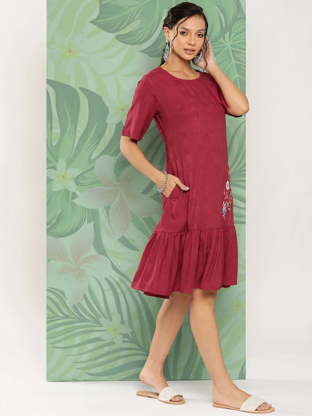 Women Maroon Viscose Rayon Dress