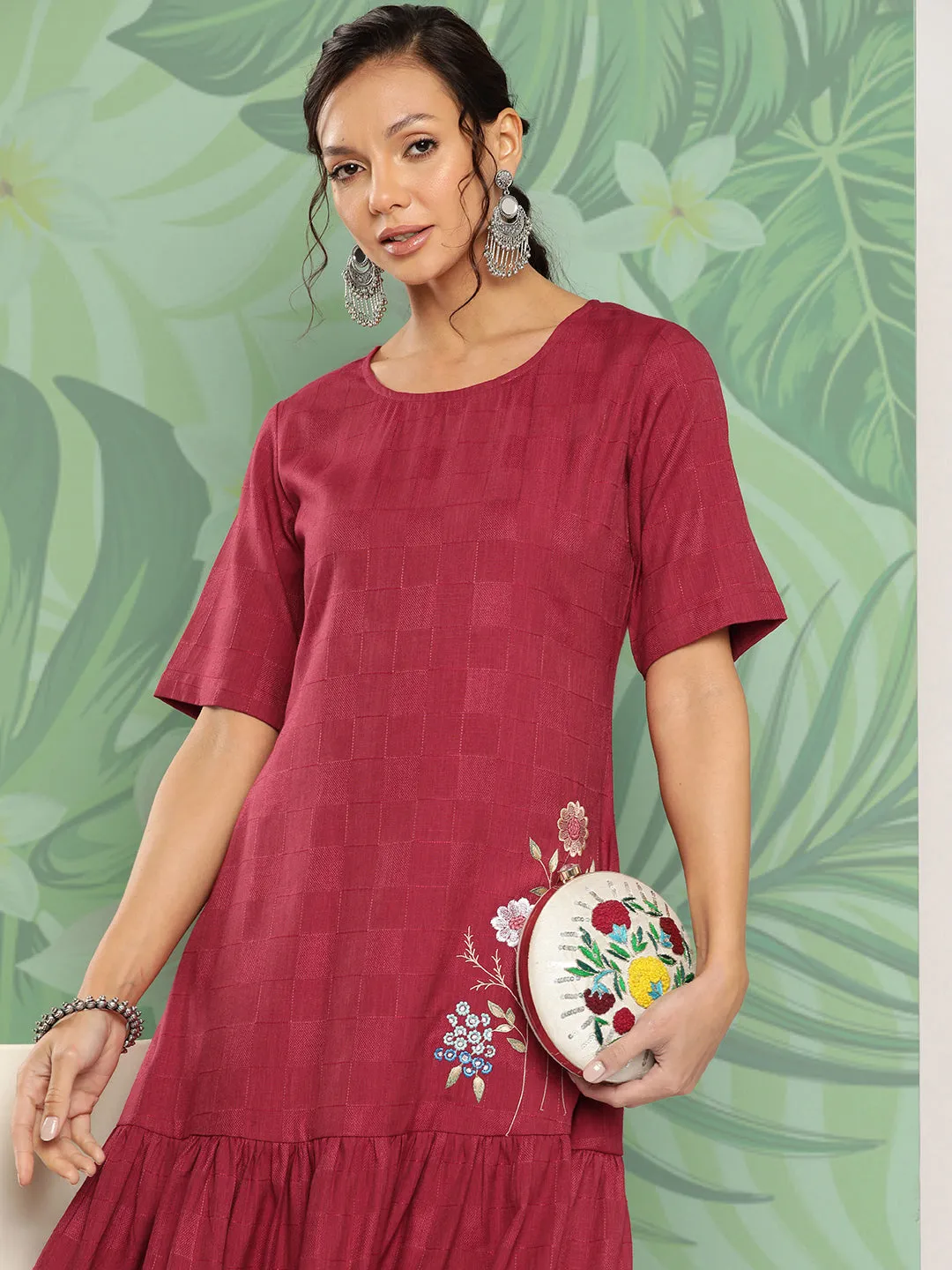 Women Maroon Viscose Rayon Dress