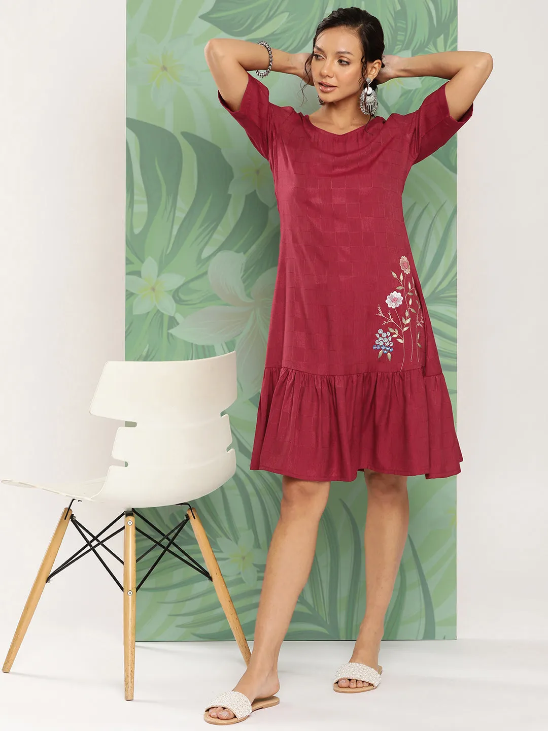 Women Maroon Viscose Rayon Dress