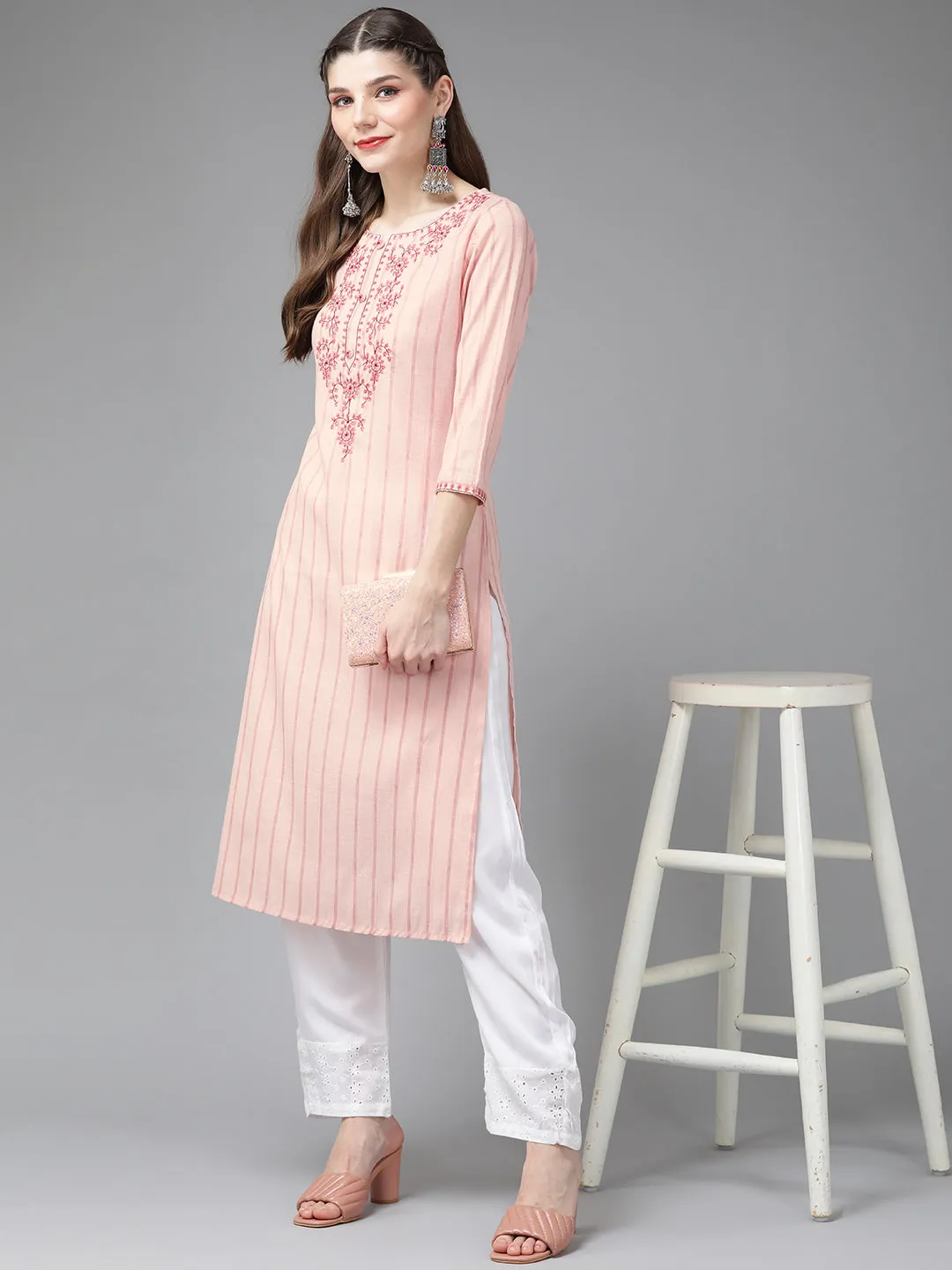 Women Peach-Coloured Yoke Design Thread Work Kurta