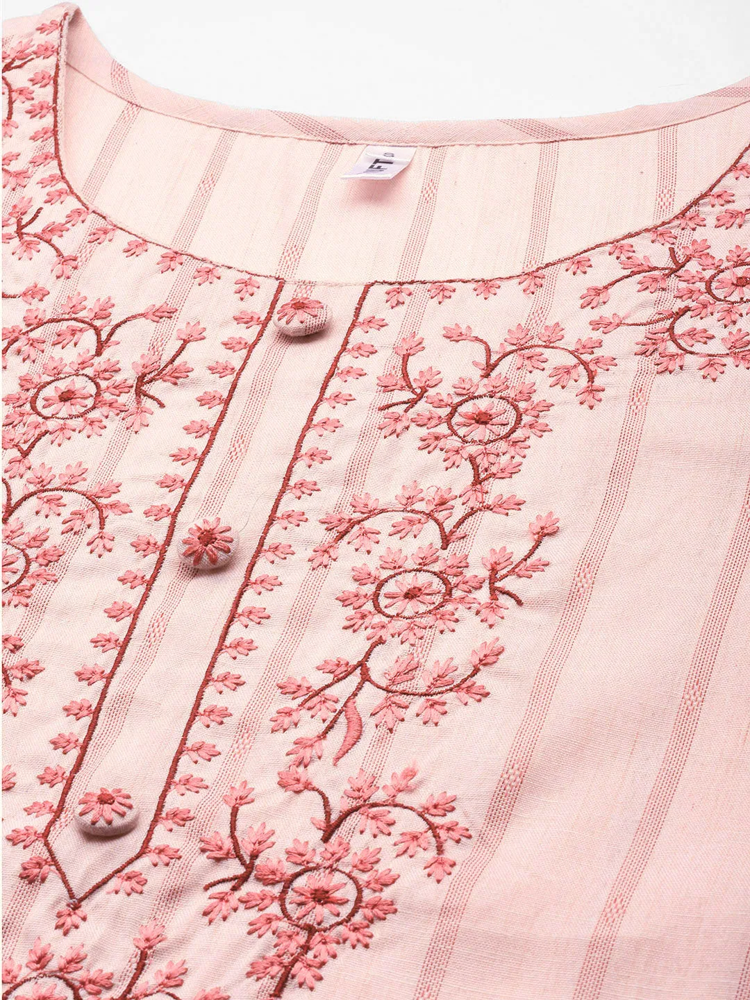 Women Peach-Coloured Yoke Design Thread Work Kurta