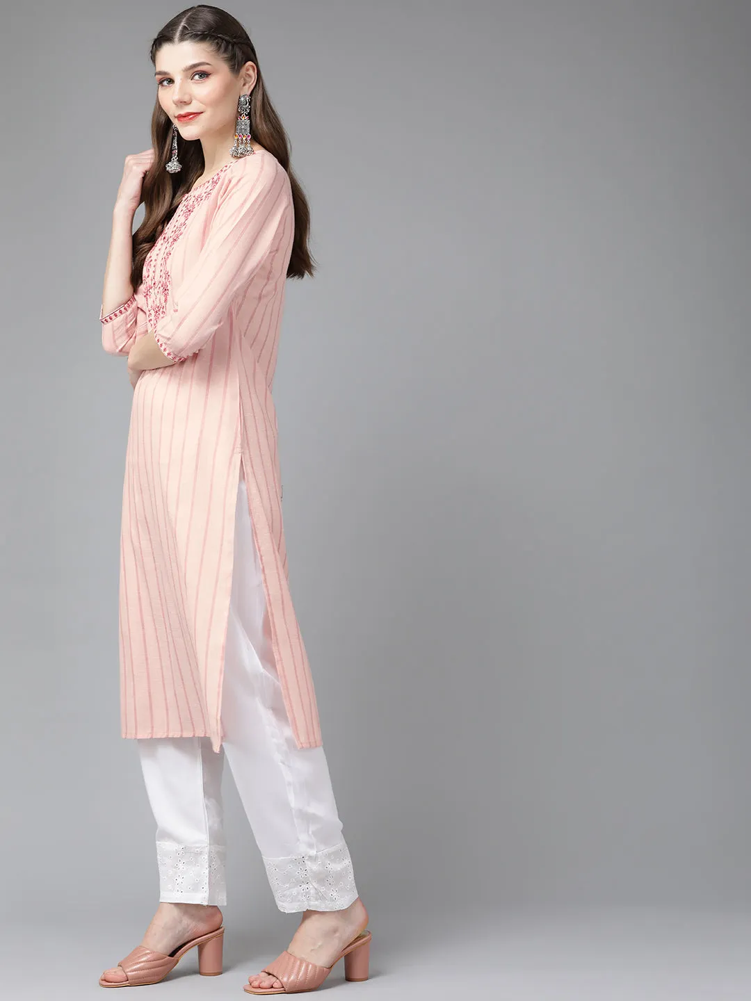 Women Peach-Coloured Yoke Design Thread Work Kurta