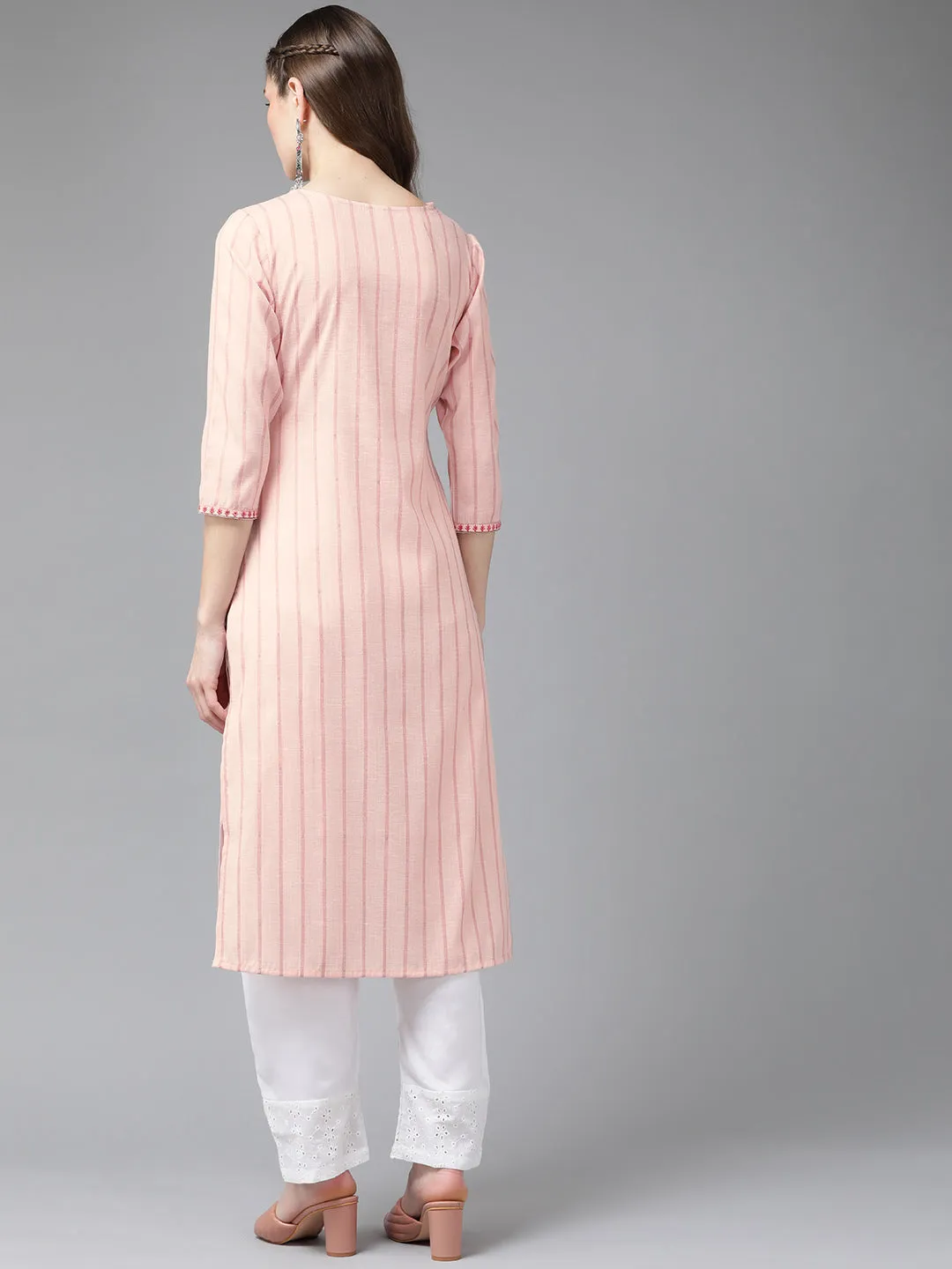 Women Peach-Coloured Yoke Design Thread Work Kurta
