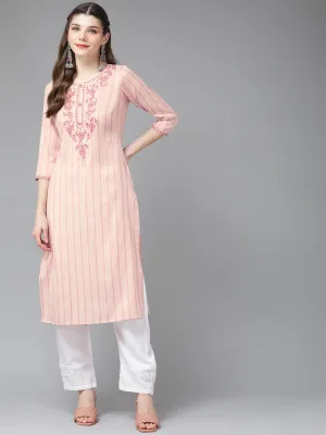 Women Peach-Coloured Yoke Design Thread Work Kurta