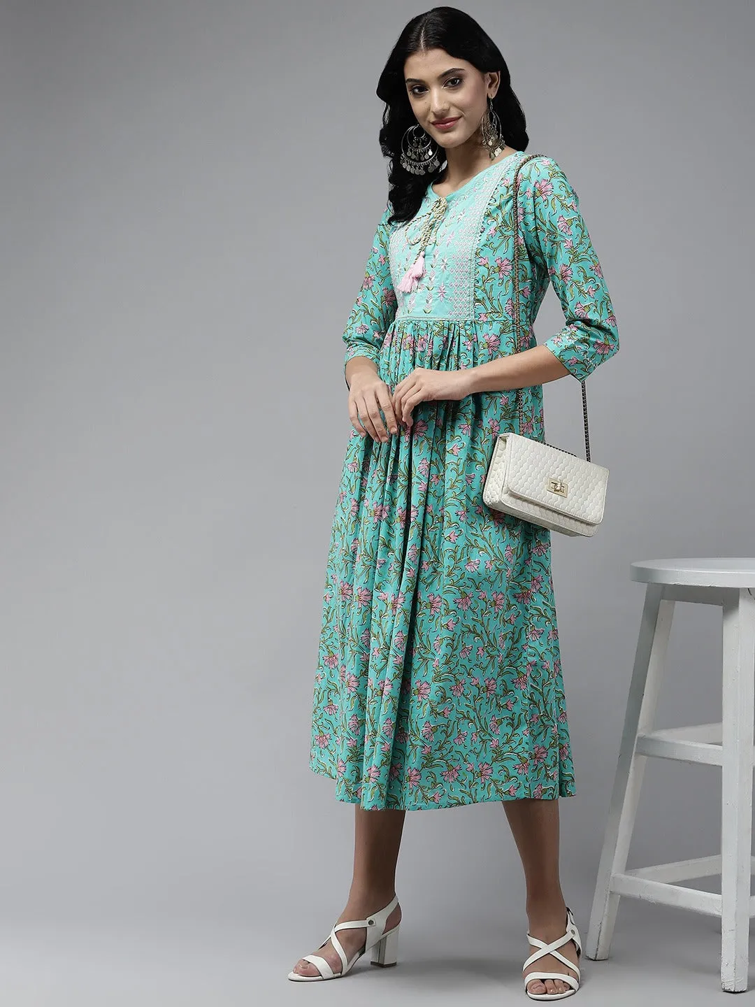 Women Sea Green Cotton Dress