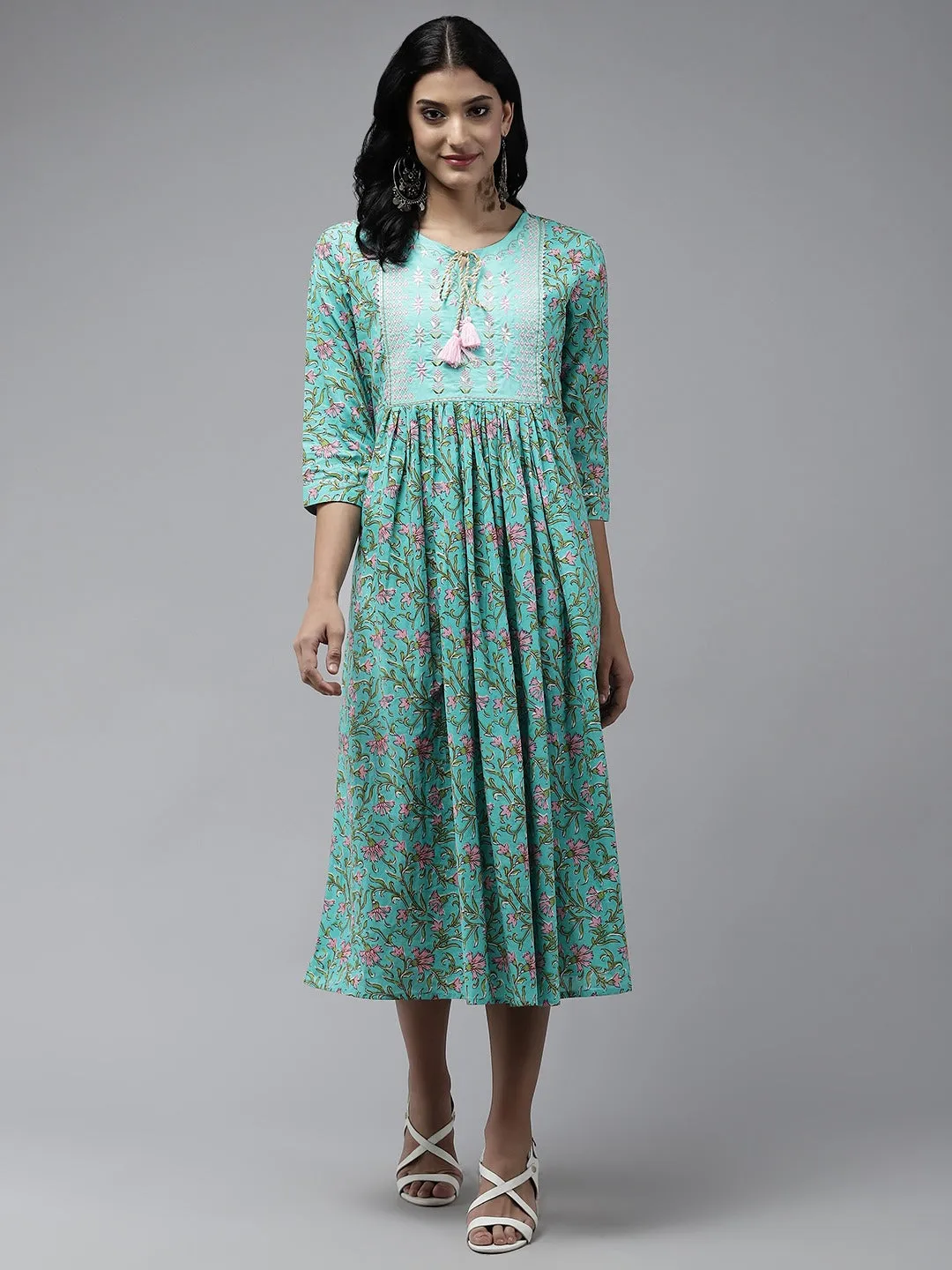 Women Sea Green Cotton Dress