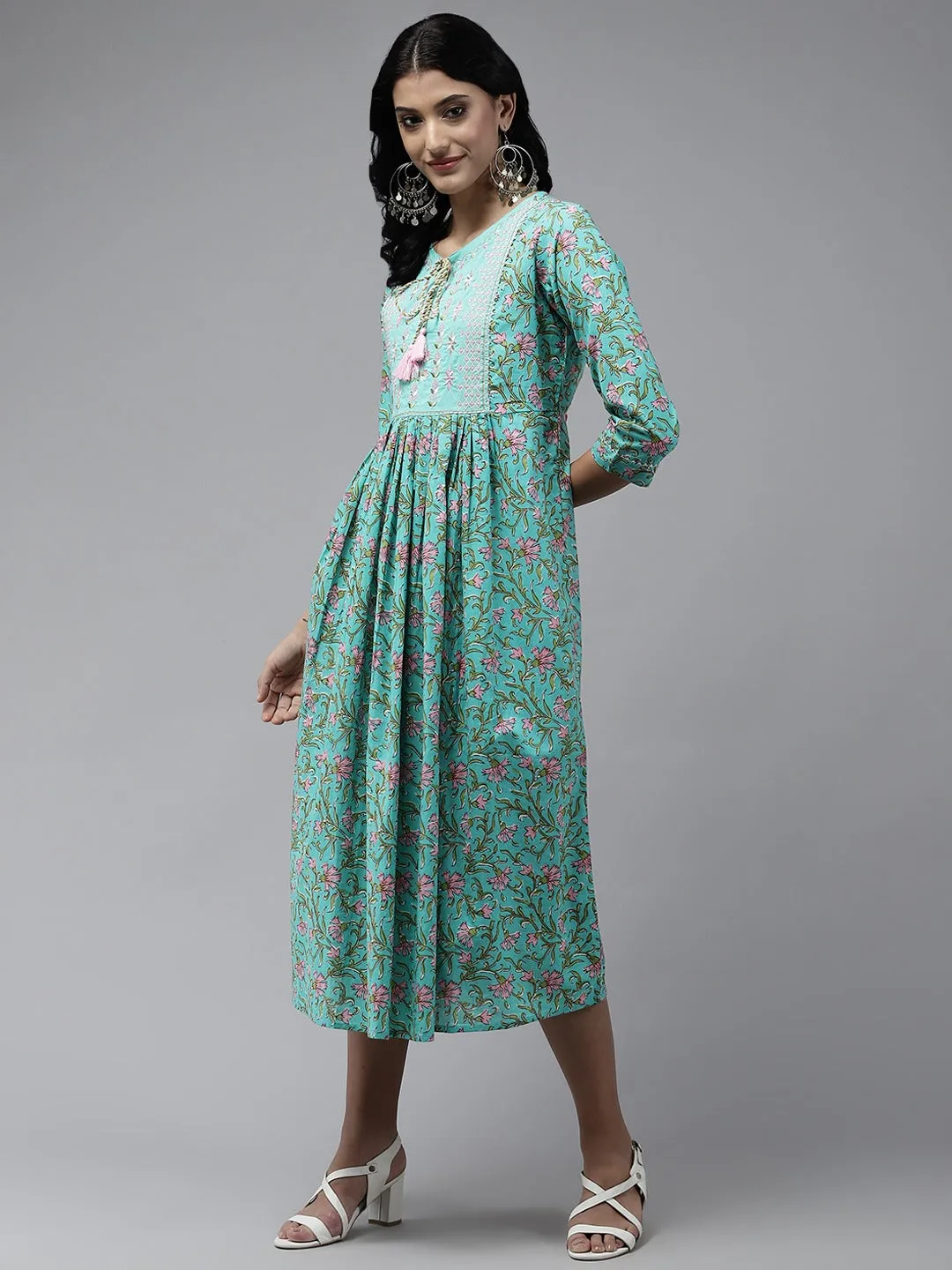 Women Sea Green Cotton Dress