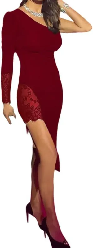 Women Sexy Elegant One Shoulder Bodycon Dress Lace Insert Long Sleeve Cocktail Dress Party Split Midi Dress