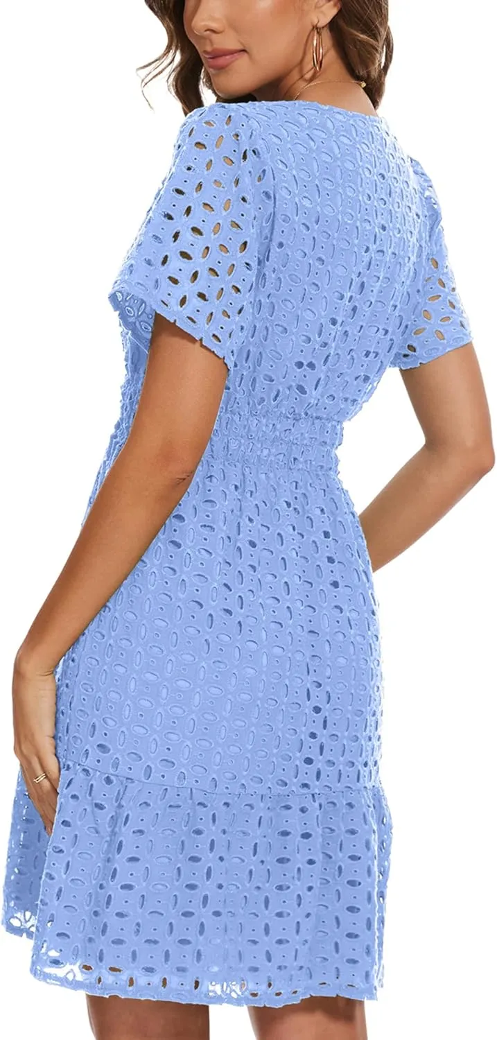 Women Summer Eyelet Lace Dress Casual V Neck Mini A Line Hollow Out Embroidered Formal Dress Sundresses