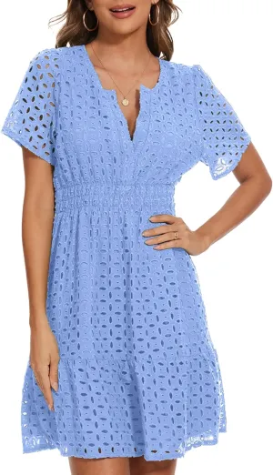 Women Summer Eyelet Lace Dress Casual V Neck Mini A Line Hollow Out Embroidered Formal Dress Sundresses