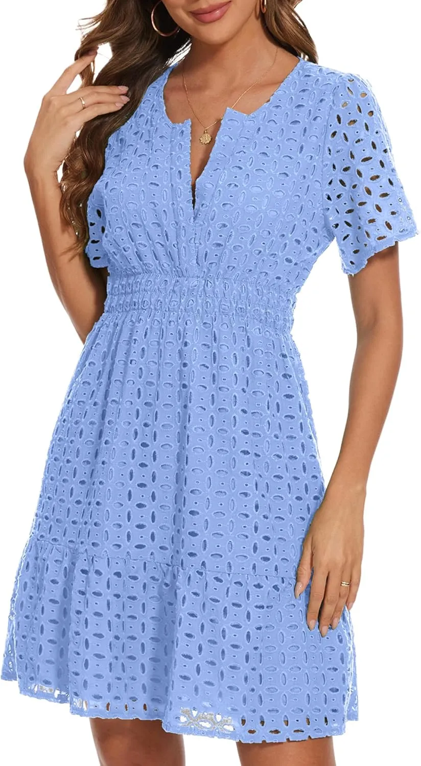 Women Summer Eyelet Lace Dress Casual V Neck Mini A Line Hollow Out Embroidered Formal Dress Sundresses