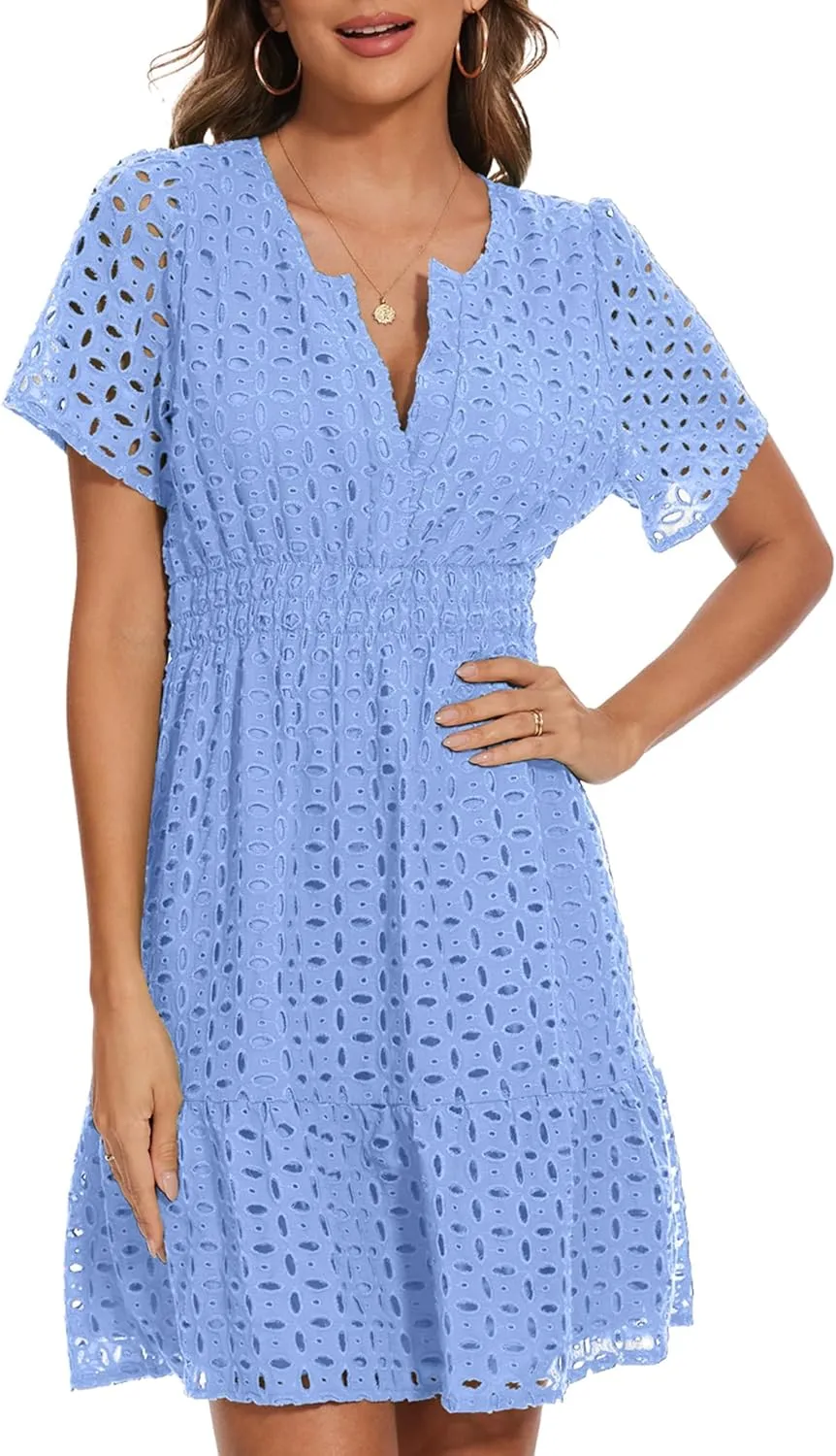Women Summer Eyelet Lace Dress Casual V Neck Mini A Line Hollow Out Embroidered Formal Dress Sundresses