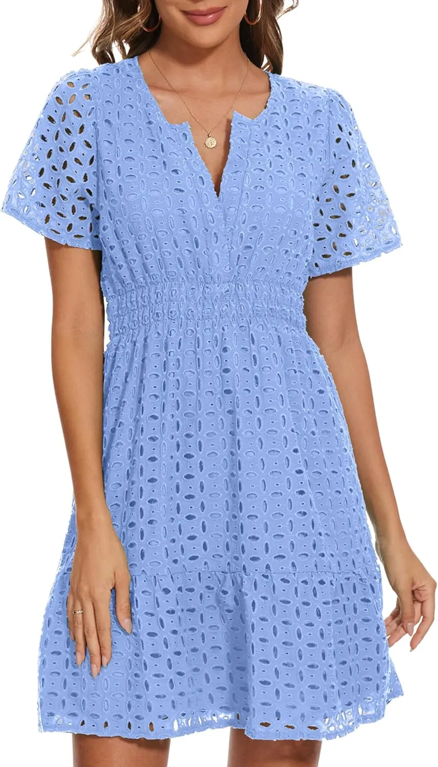 Women Summer Eyelet Lace Dress Casual V Neck Mini A Line Hollow Out Embroidered Formal Dress Sundresses