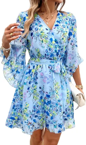 Women's Boho Floral V Neck Ruffled Swing Dress for Party