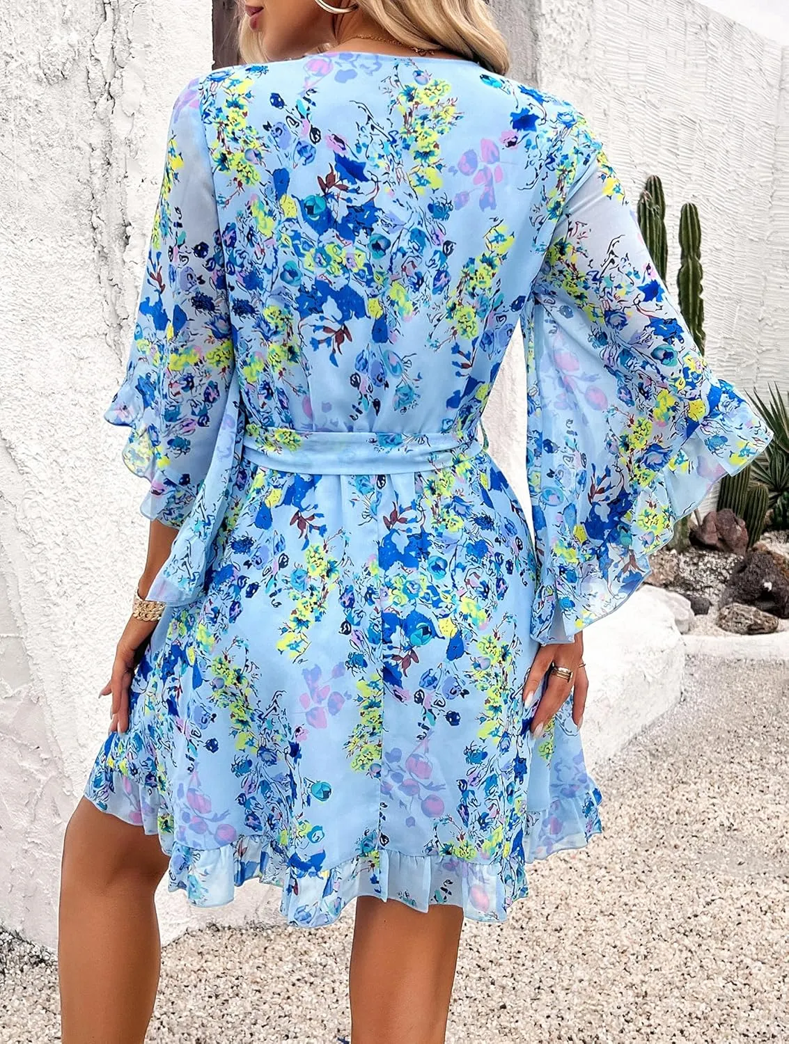 Women's Boho Floral V Neck Ruffled Swing Dress for Party