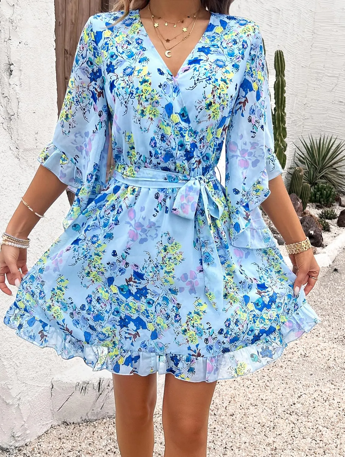 Women's Boho Floral V Neck Ruffled Swing Dress for Party