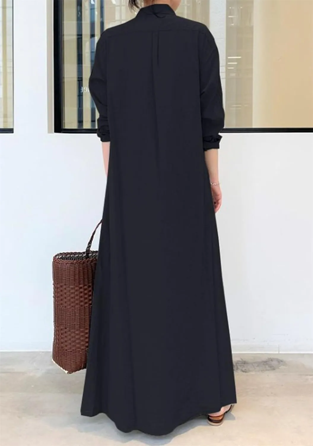 Womens Cotton Linen Shirt Long Dress Casual Basic Loose Long Sleeve Dress Button Up Maxi Shirt Dress with Pockets