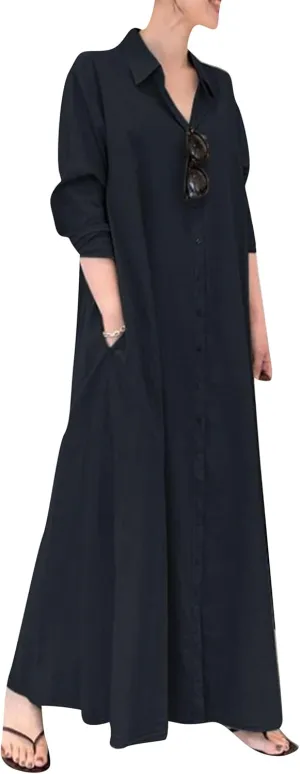 Womens Cotton Linen Shirt Long Dress Casual Basic Loose Long Sleeve Dress Button Up Maxi Shirt Dress with Pockets