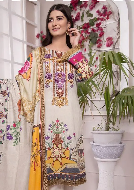 Women's Cotton Off-White Pakistani Unstitched Suit Dress Material
