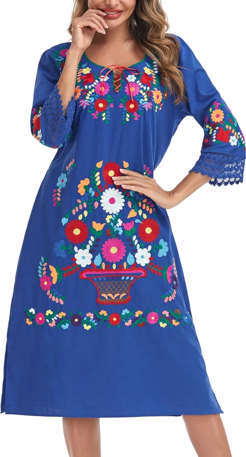 YZXDORWJ Women Embroidered Mexican Present Lace Sleeves Party Floral Traditional Bridesmaid Dress.