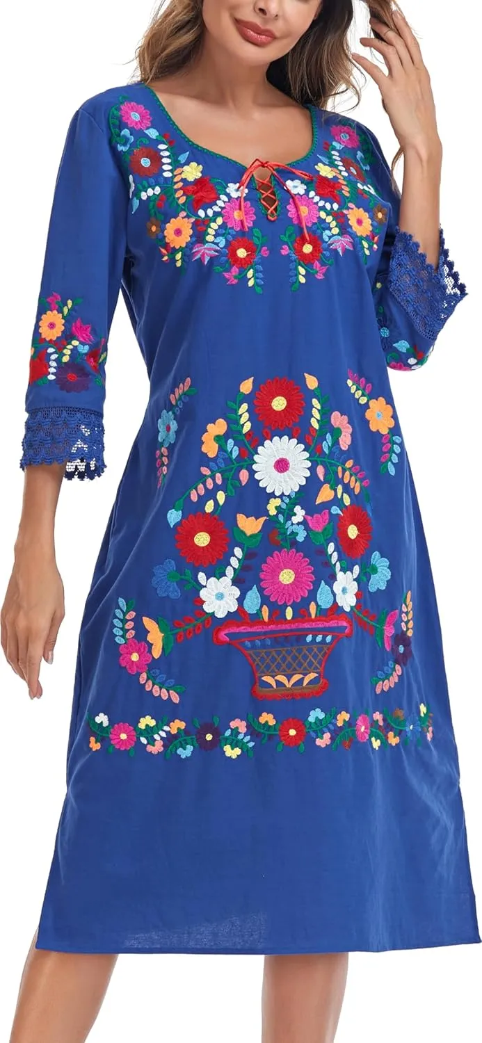 YZXDORWJ Women Embroidered Mexican Present Lace Sleeves Party Floral Traditional Bridesmaid Dress.