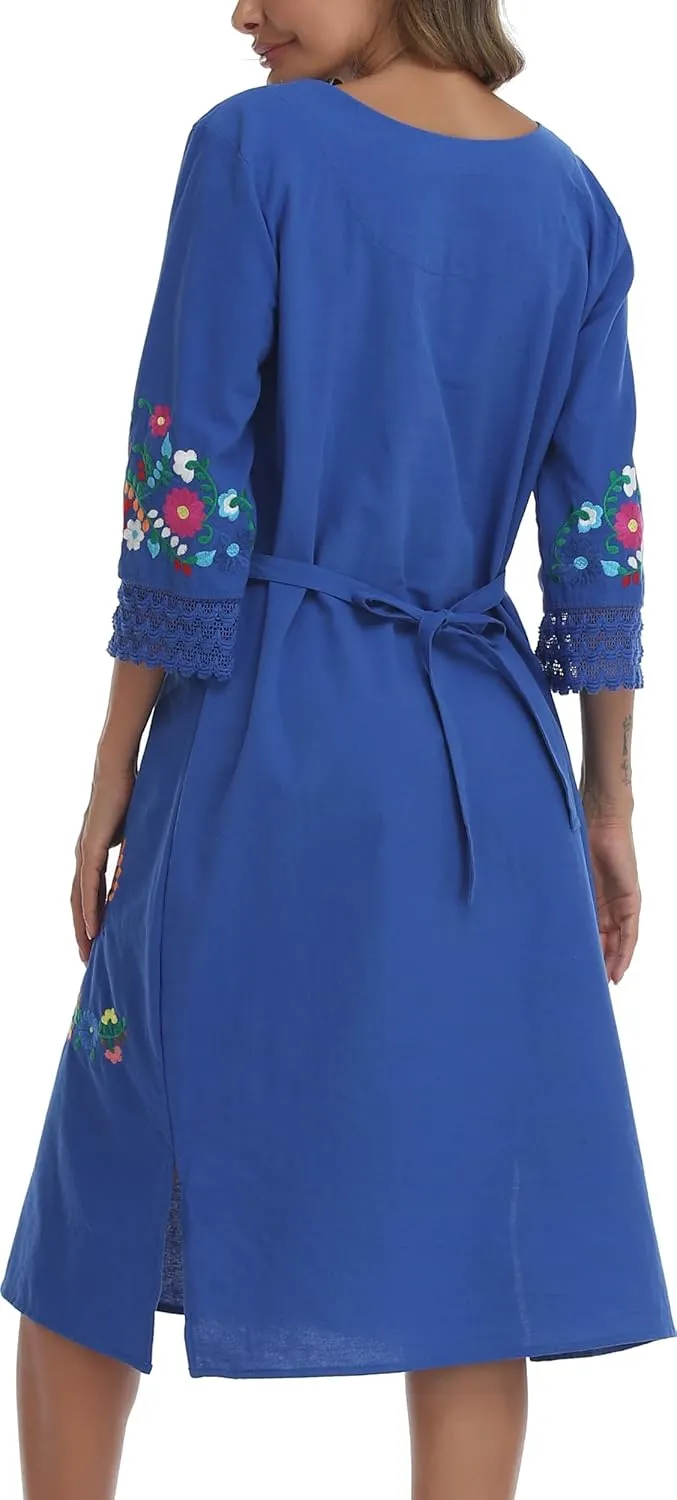YZXDORWJ Women Embroidered Mexican Present Lace Sleeves Party Floral Traditional Bridesmaid Dress.