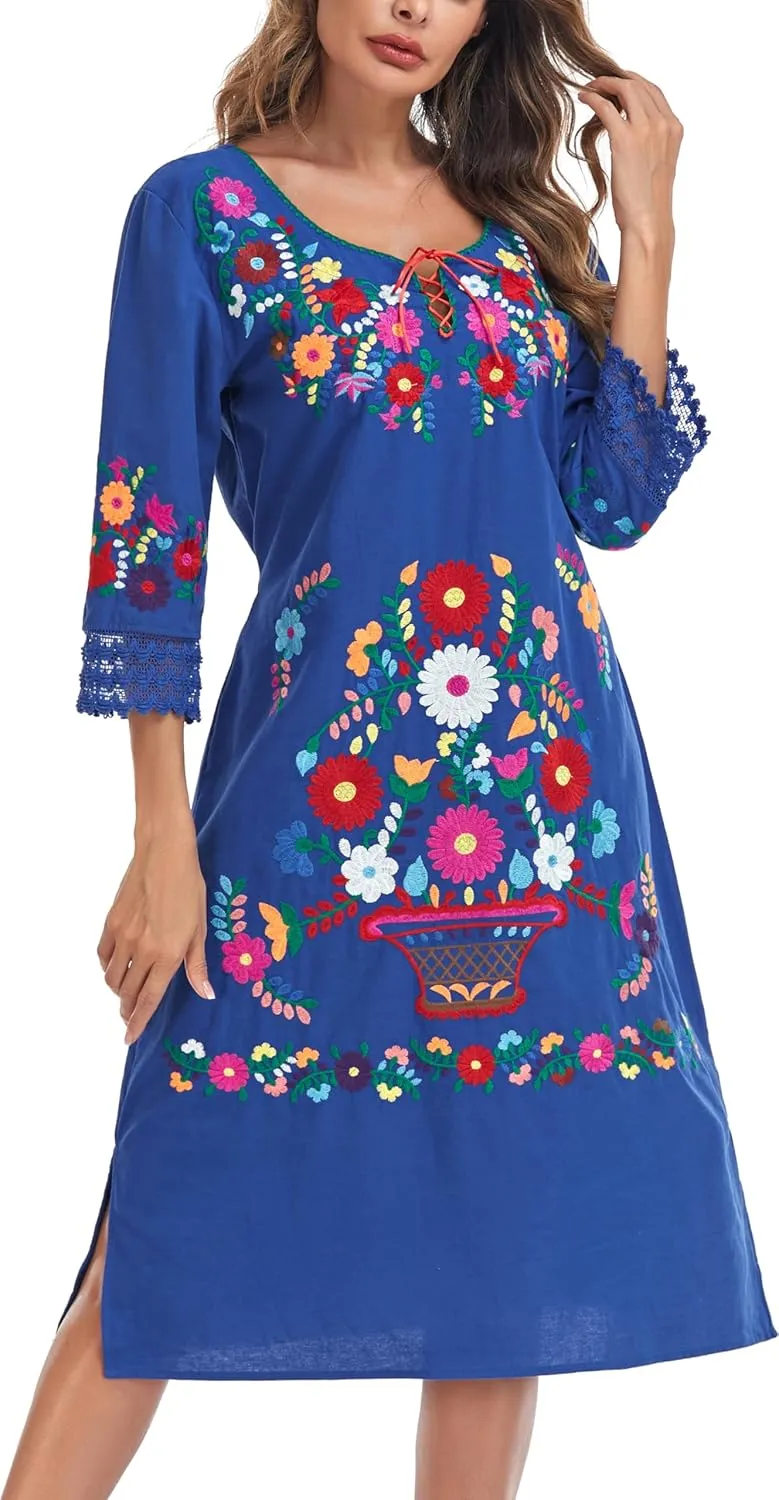 YZXDORWJ Women Embroidered Mexican Present Lace Sleeves Party Floral Traditional Bridesmaid Dress.