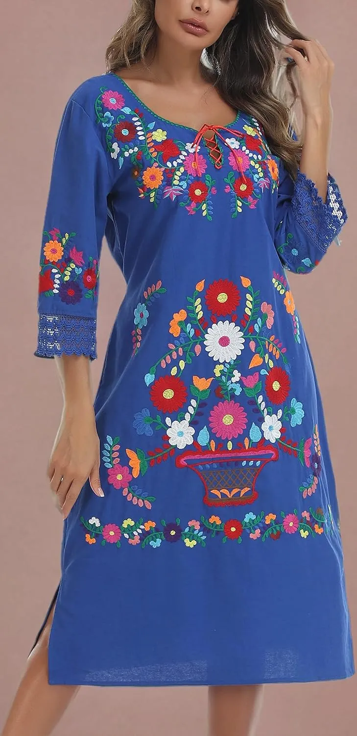 YZXDORWJ Women Embroidered Mexican Present Lace Sleeves Party Floral Traditional Bridesmaid Dress.