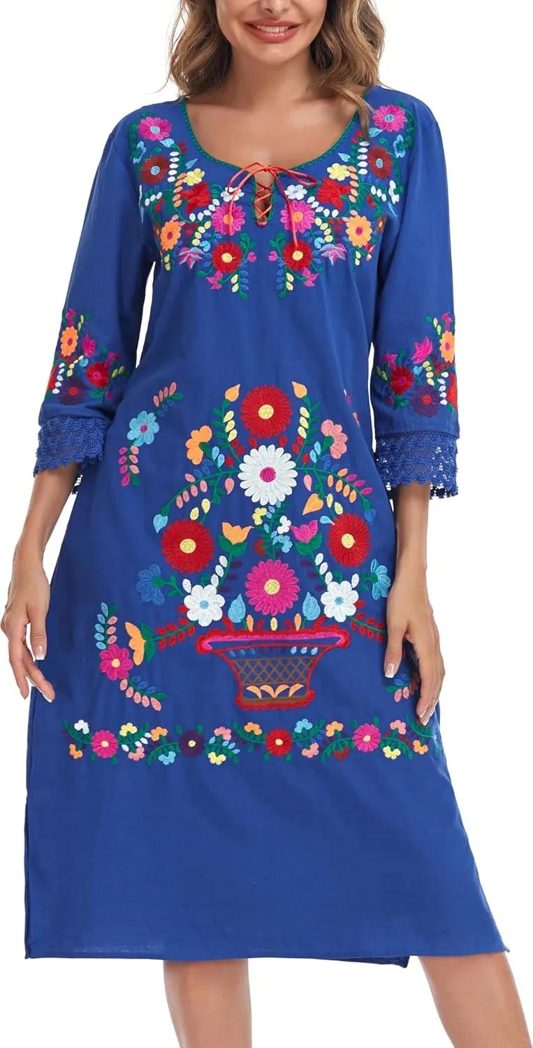 YZXDORWJ Women Embroidered Mexican Present Lace Sleeves Party Floral Traditional Bridesmaid Dress.