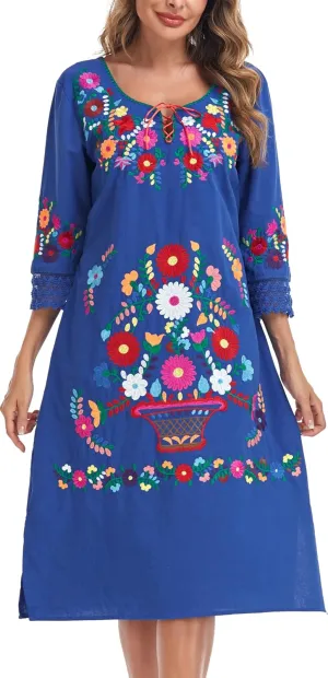 YZXDORWJ Women Embroidered Mexican Present Lace Sleeves Party Floral Traditional Bridesmaid Dress.