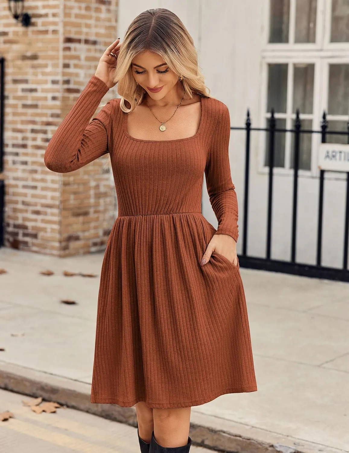 Zeagoo Womens Casual Sweater Dress Square Neck Knit Long Sleeve Dress with Pockets A-Line Knee Length Fall Winter Dress